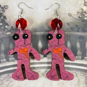 Adorable little pink VooDoo Doll OOAK earrings with red crystals